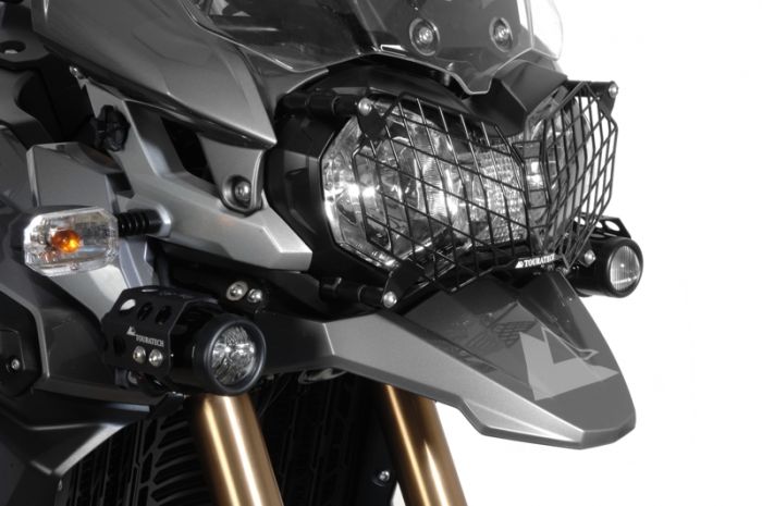 01-420-5095-0 Stainless steel headlight protector, black, with quick release fastener for Triumph Tiger 800/ 800XC/ 800XCx and Tiger Explorer *OFFROAD USE ONLY*